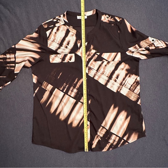 Calvin Klein Modern Graphic Top Blouse XL Multicolor Long Roll Tab Sleeve Black - Picture 5 of 14